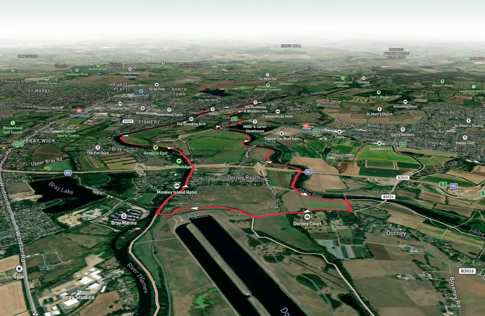 An image depicting the trail Jubilee River and River Thames via Thames Path and its surrounding area.