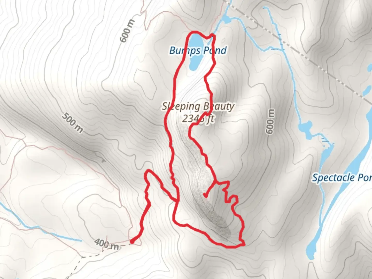 An image depicting the trail Sleeping Beauty and Bumps Pond Loop Trail and its surrounding area.