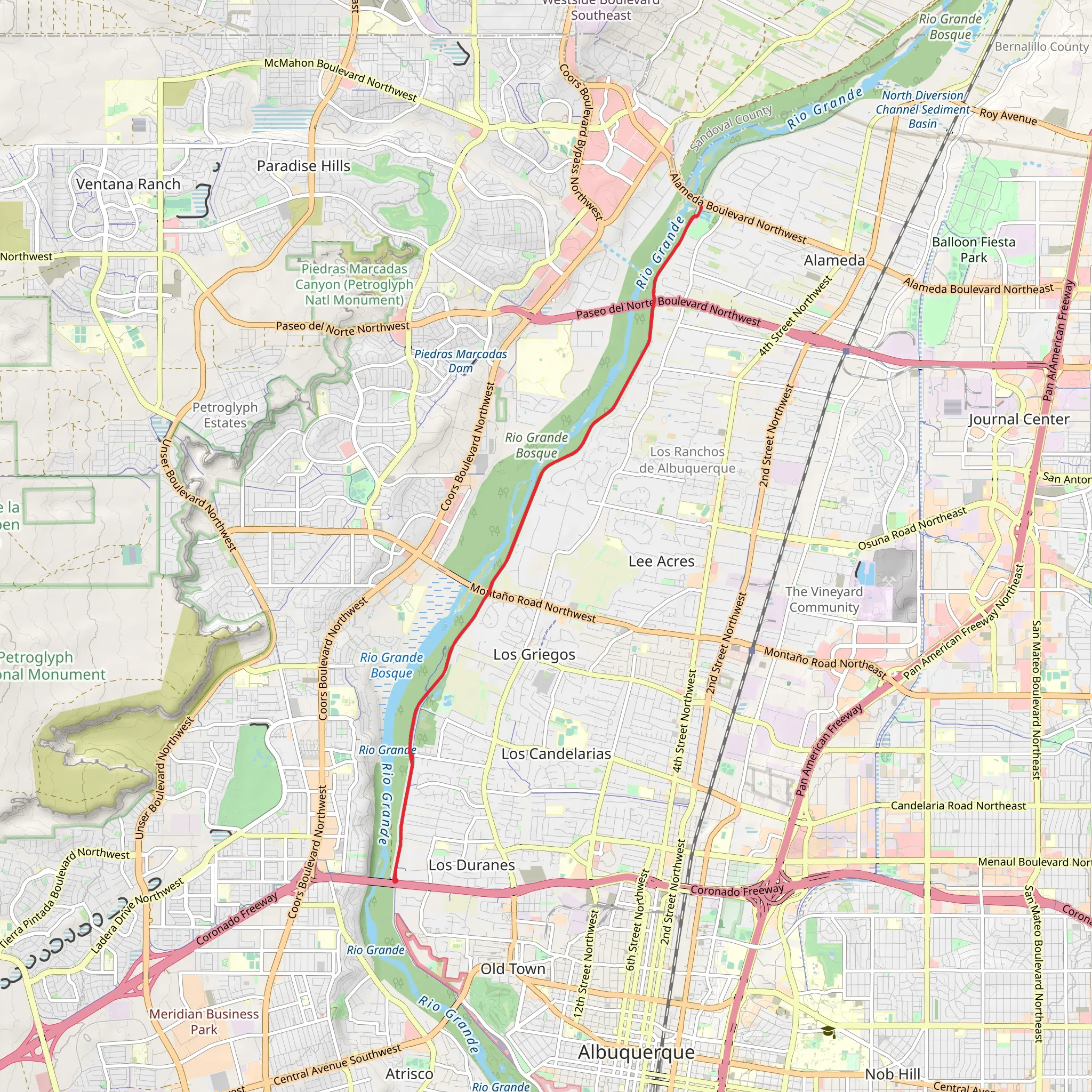 Paseo del Rey Bosque Trail Out and Back mobile static map