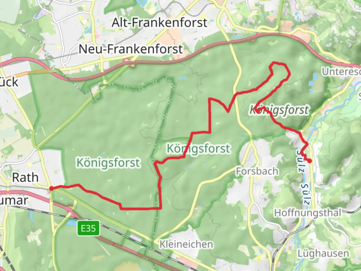An image depicting the trail Konigsforst to Sulze Walk and its surrounding area.