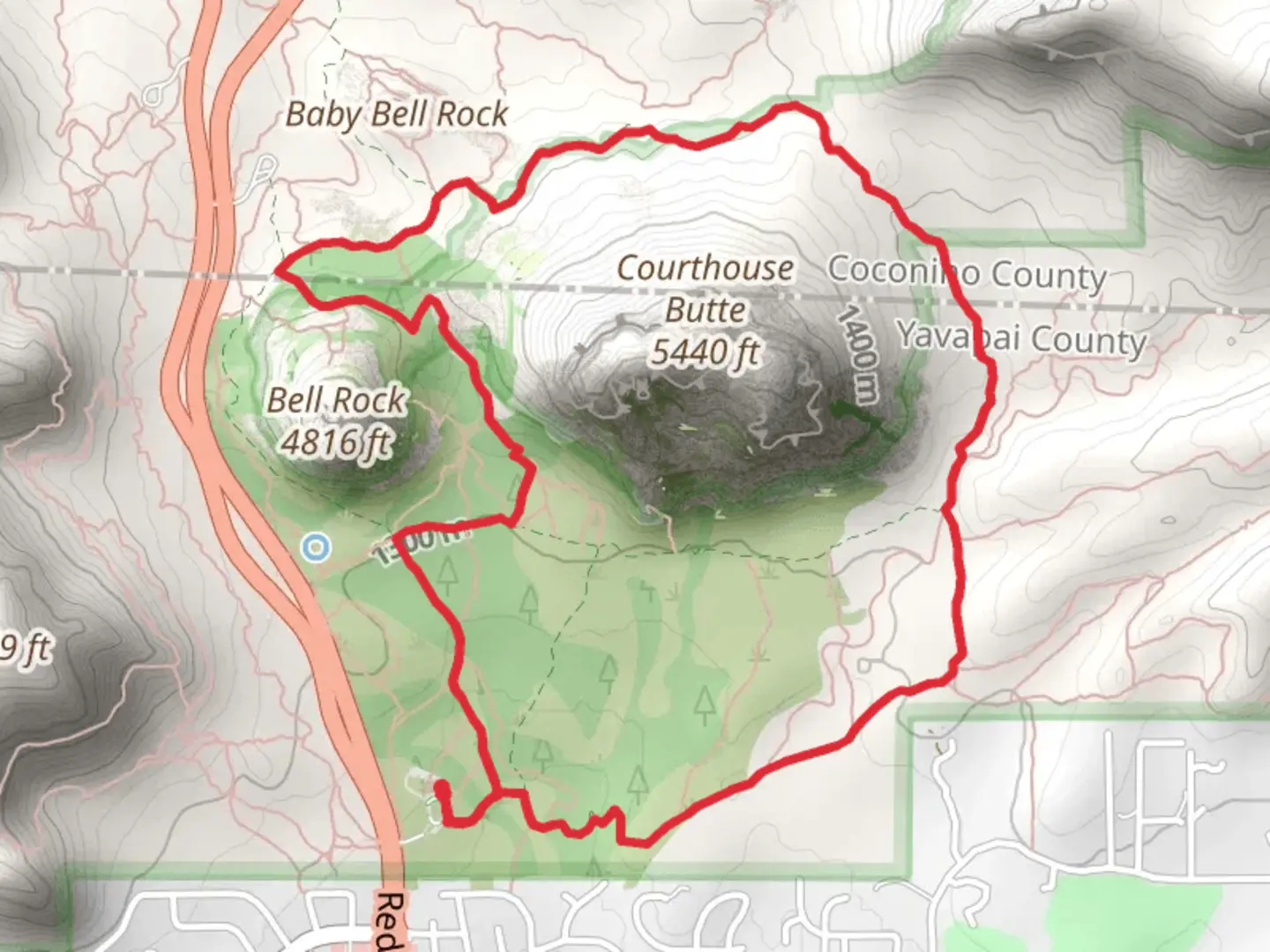 An image depicting the trail Baby Bell Rock, Courthouse Butte and big Rock Loop and its surrounding area.