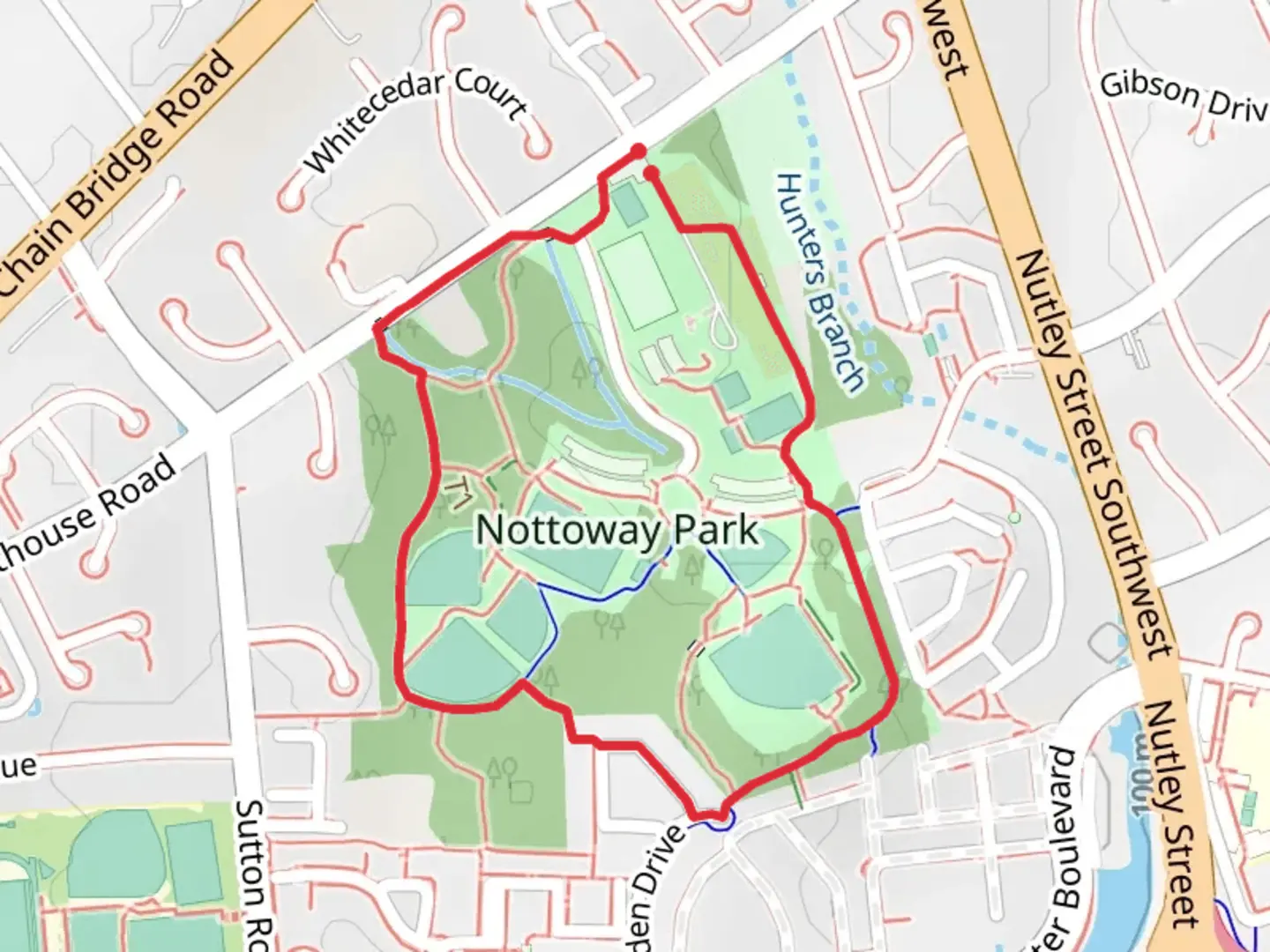 An image depicting the trail Nottoway Park Loop and its surrounding area.