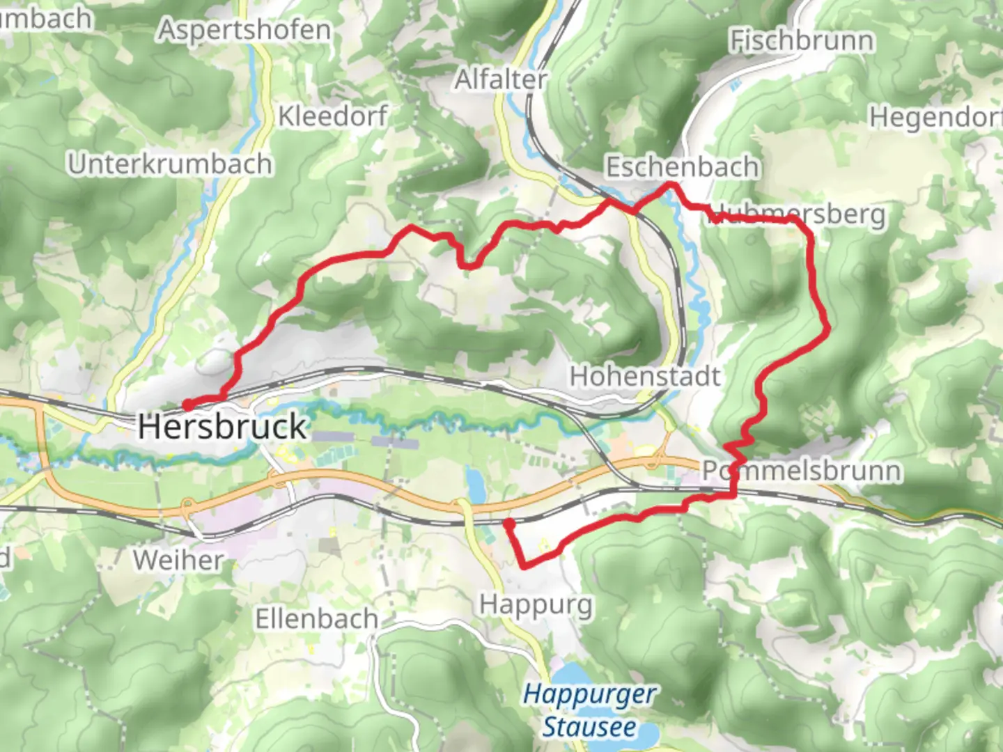 An image depicting the trail Happurg to Hersbruck Walk via Lichtenstein and its surrounding area.