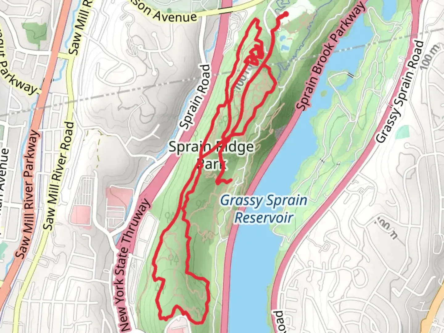 An image depicting the trail Sprain Ridge Park via Otter Ramble and Thruway Trail and its surrounding area.