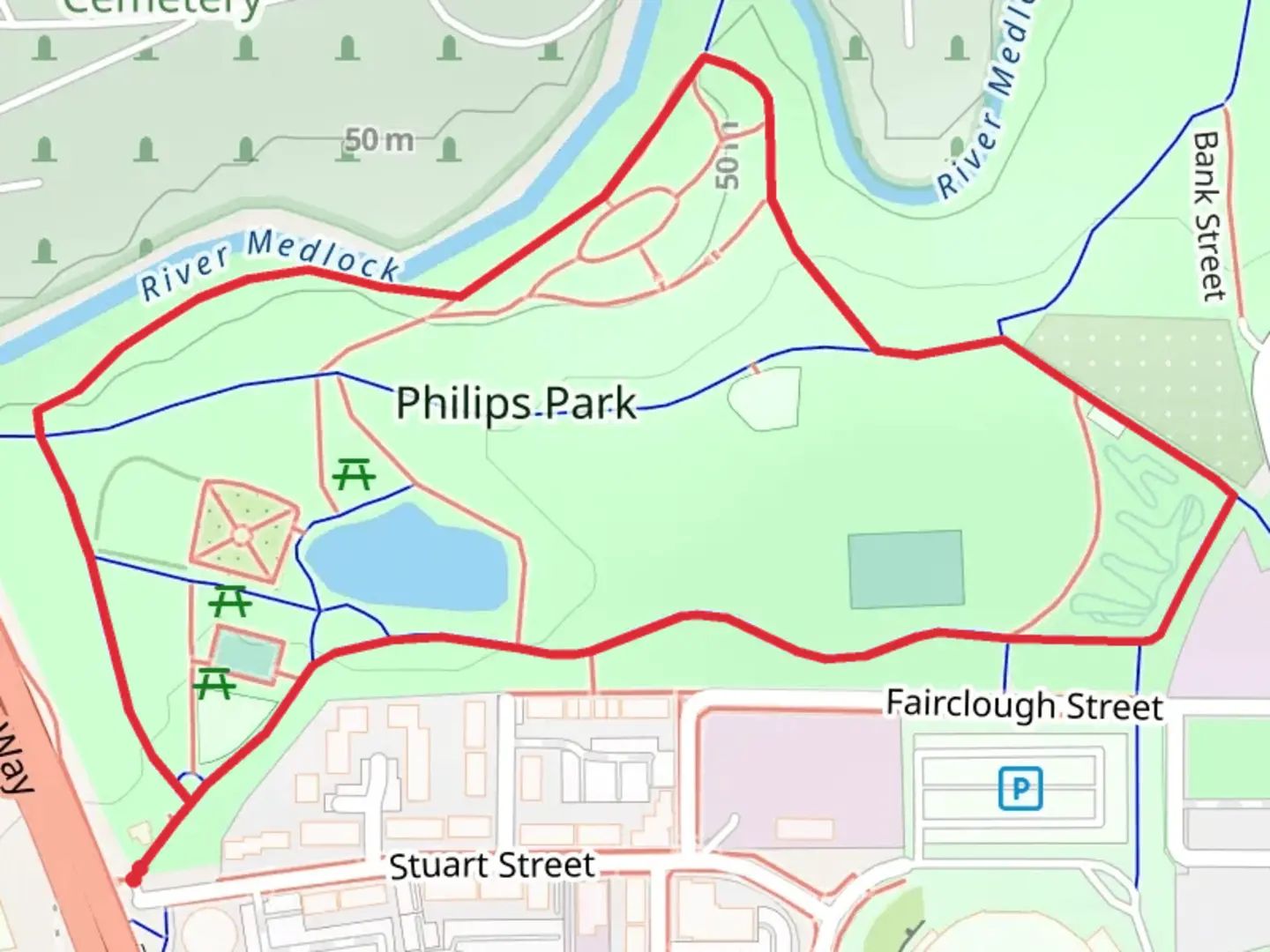 An image depicting the trail Philips Park Long Loop and its surrounding area.