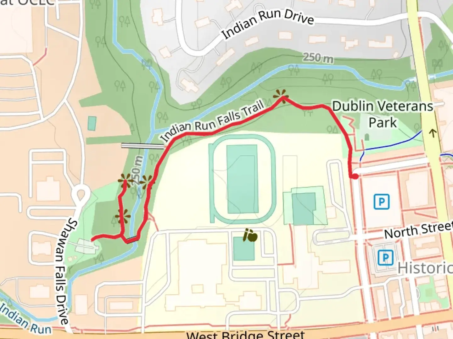 An image depicting the trail Indian Run Falls Park and its surrounding area.