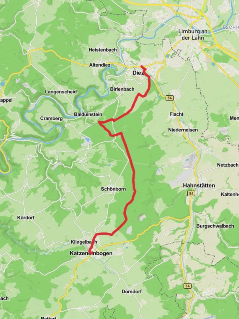 An image depicting the trail Diez to Katzenelnbogen Walk and its surrounding area.