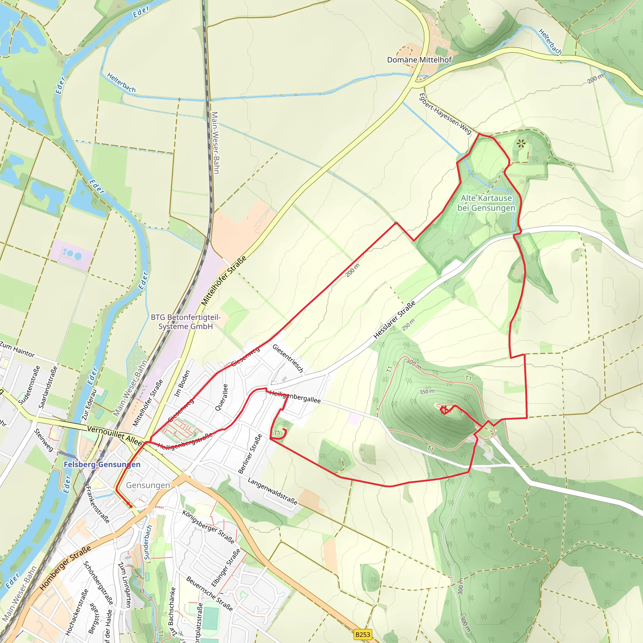 Ehrenmalweg and Burg Heiligenberg via Hessens Krone mobile static map