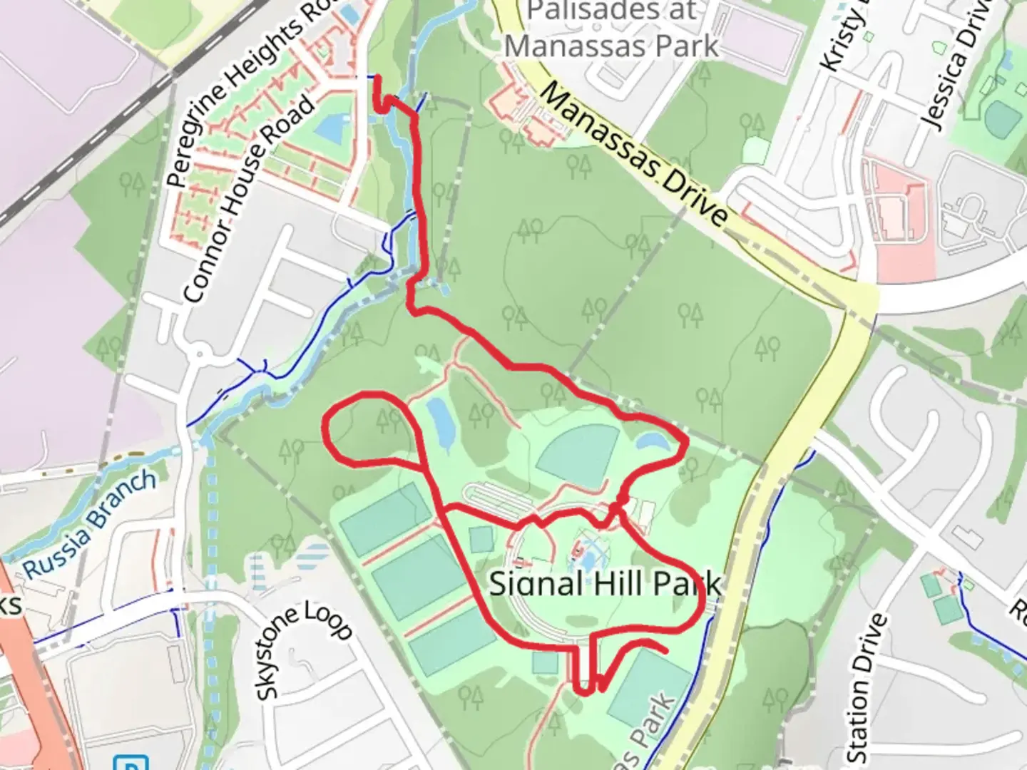 An image depicting the trail Signal Hill Park Loop and Russia Branch and its surrounding area.