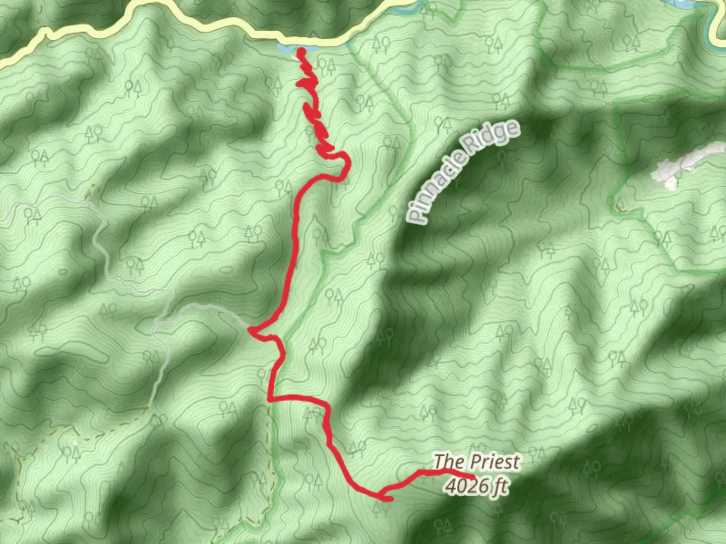 An image depicting the trail The Priest via Crabtree Falls Trail and its surrounding area.