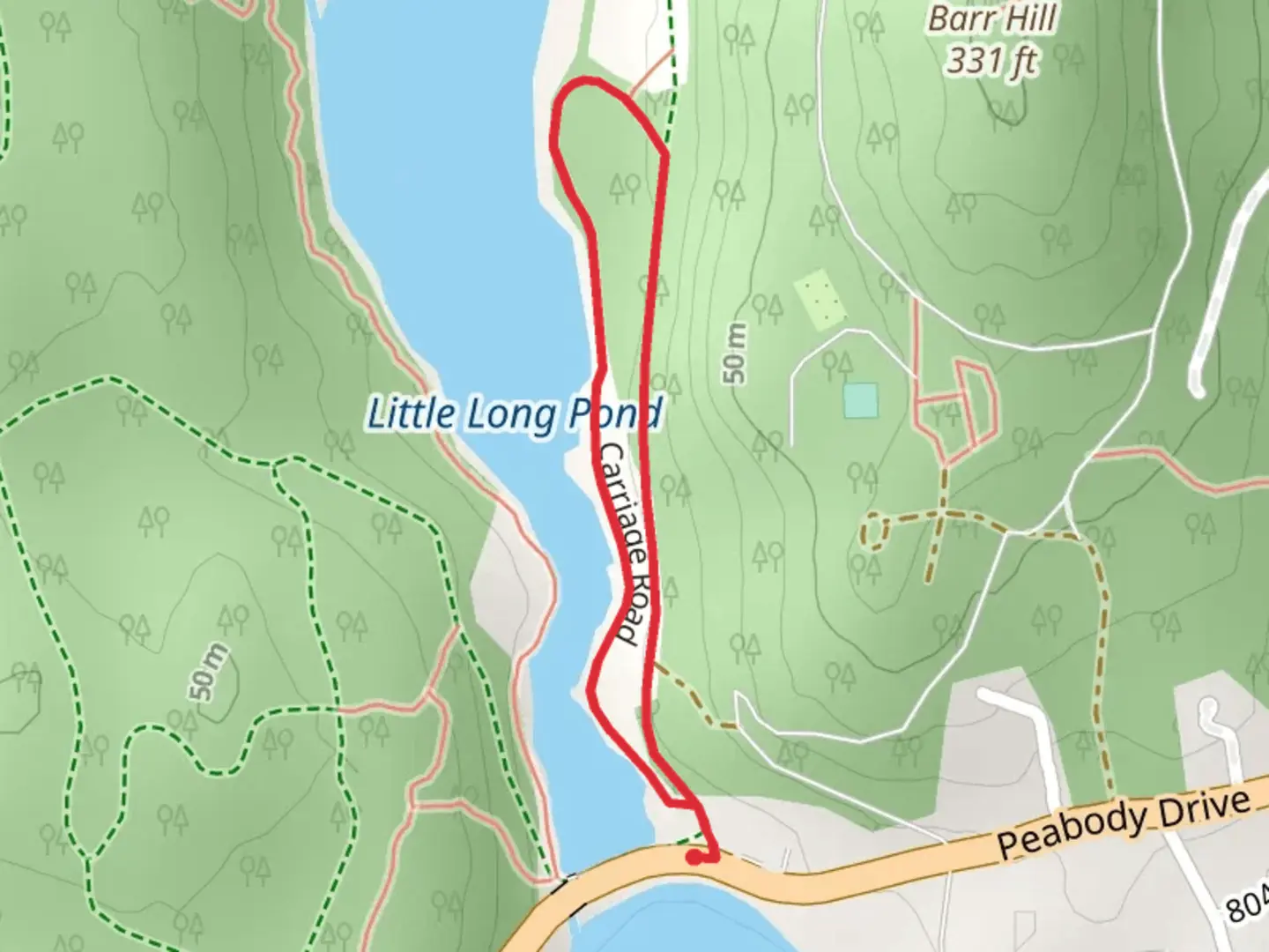 An image depicting the trail Little Long Pond - Carriage Road Loop and its surrounding area.