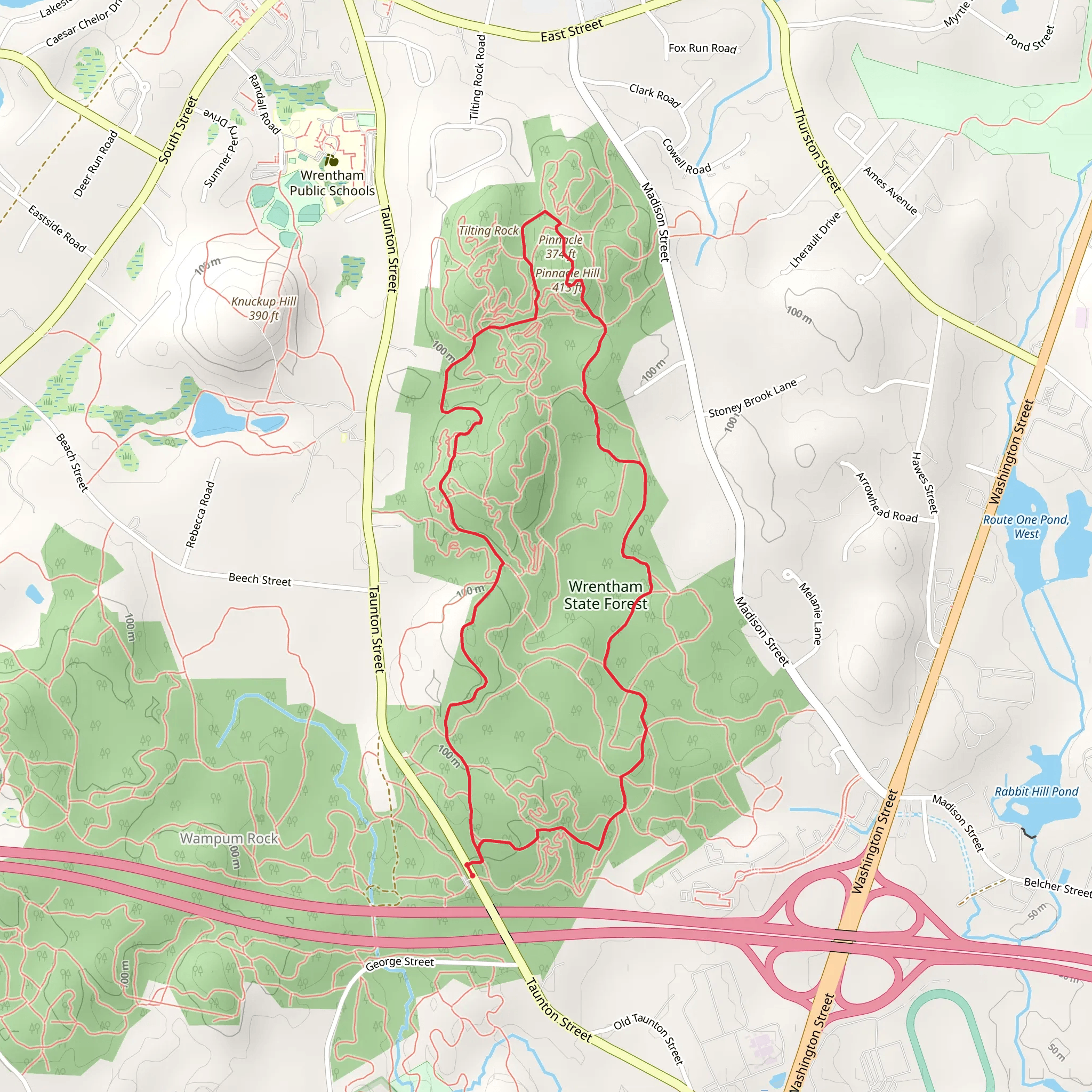 The Pinnacle and Wrentham State Forest Loop via Warner Trail mobile static map