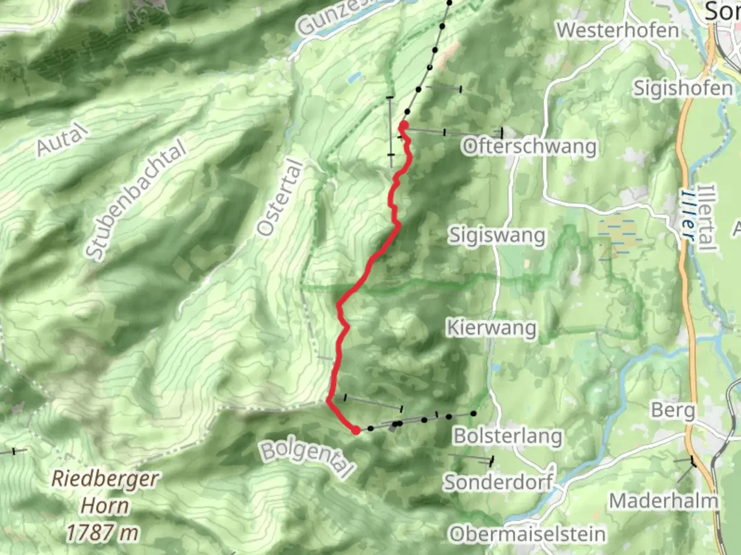 An image depicting the trail Stuimändleweg to Hörnerbahn Walk via Ofterschwanger Horn and its surrounding area.