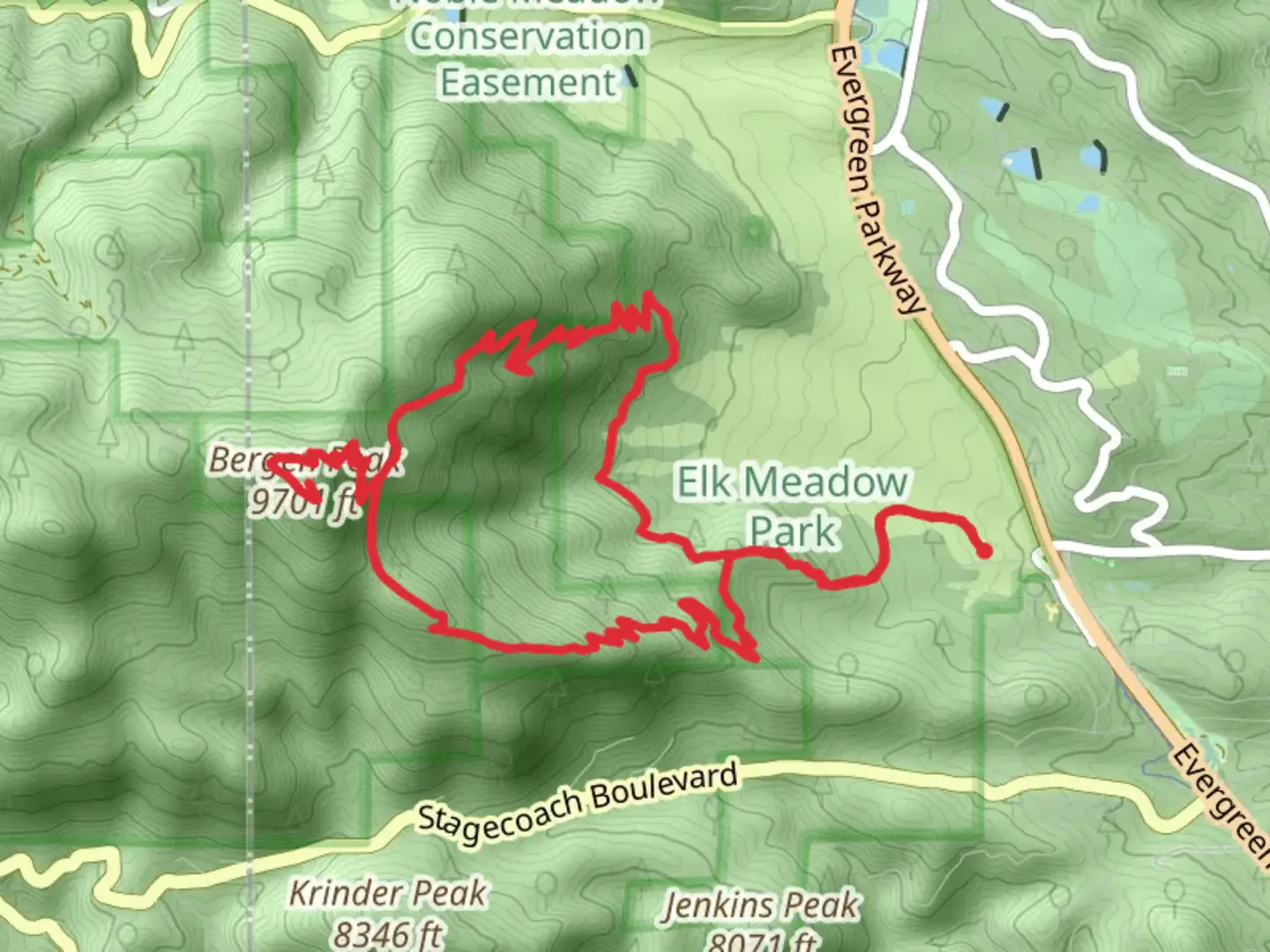 An image depicting the trail Bergen Peak Loop via Meadow Trail and Too Long Trail and its surrounding area.