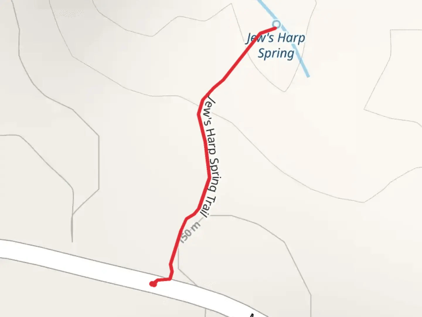 An image depicting the trail Jew's Harp Spring Trail and its surrounding area.