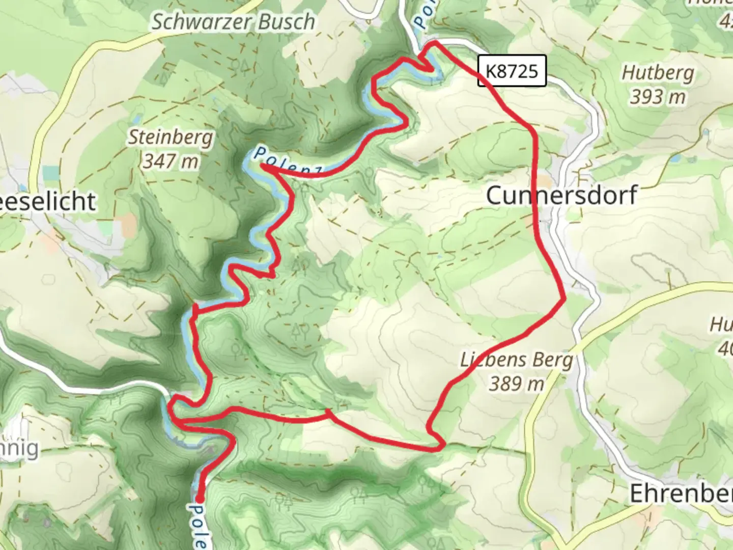 An image depicting the trail Polenz via Sebnitztalweg and its surrounding area.
