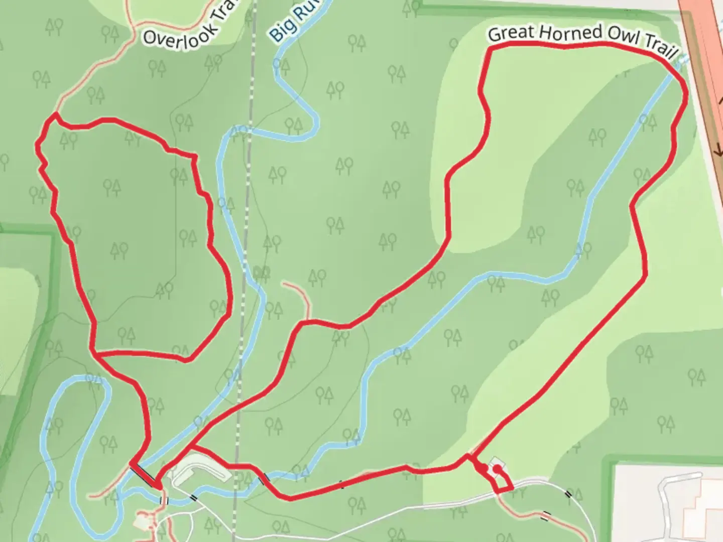An image depicting the trail Great Horn Owl Trail and Overlook Trail and its surrounding area.