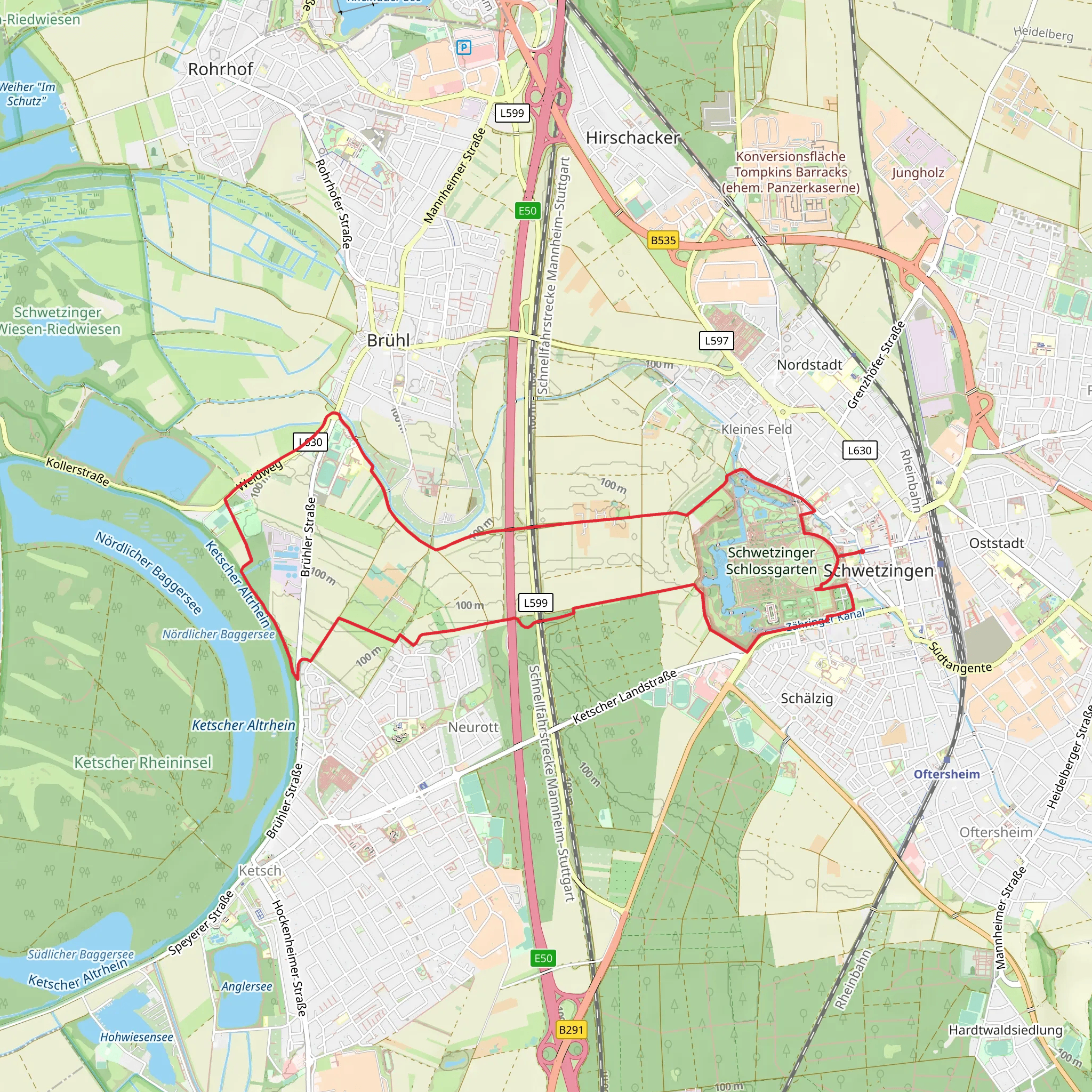 Schlossgarten Schwetzingen and Brühl Loop via Riedweg mobile static map