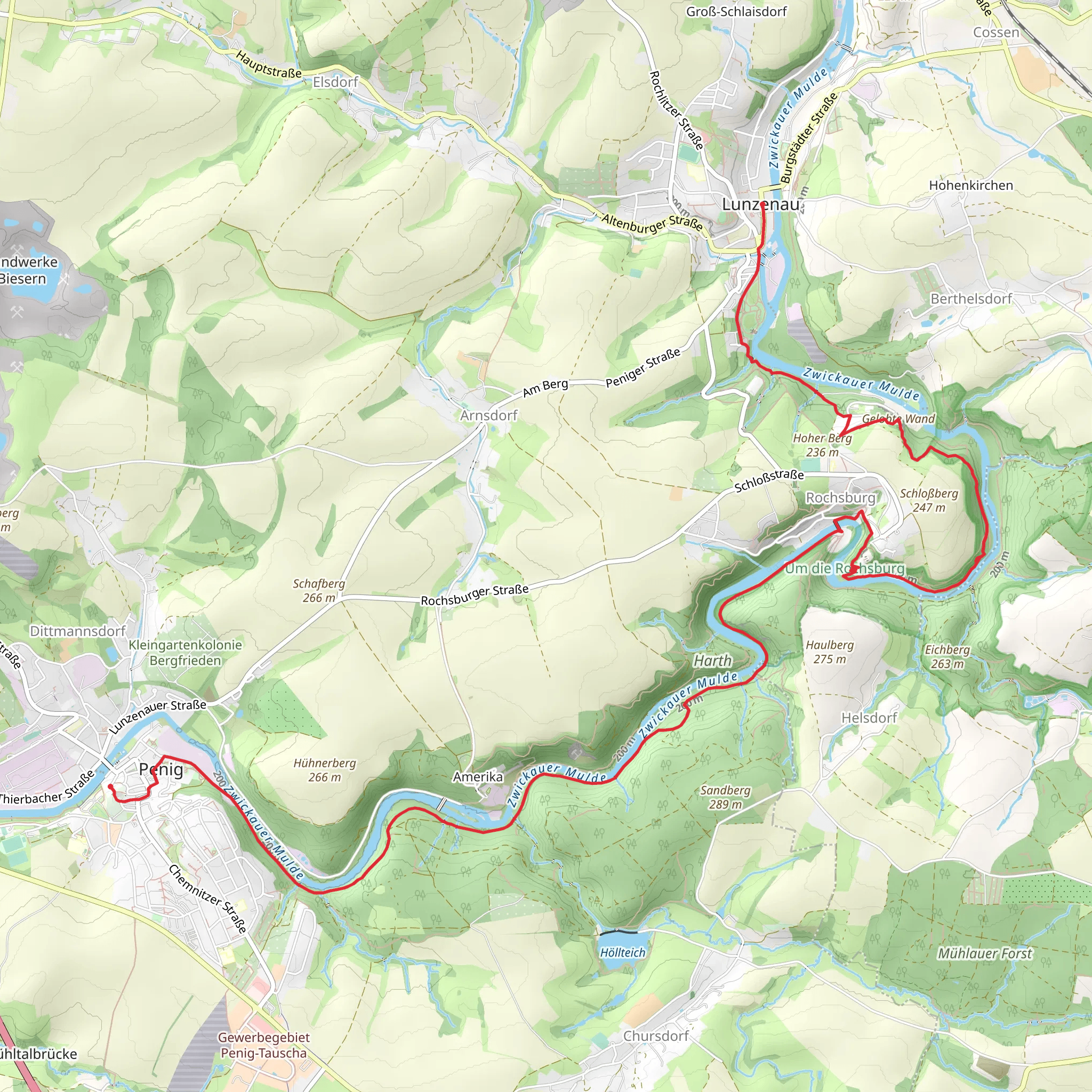 Penig to Lunzenau via Muldental Wanderweg mobile static map