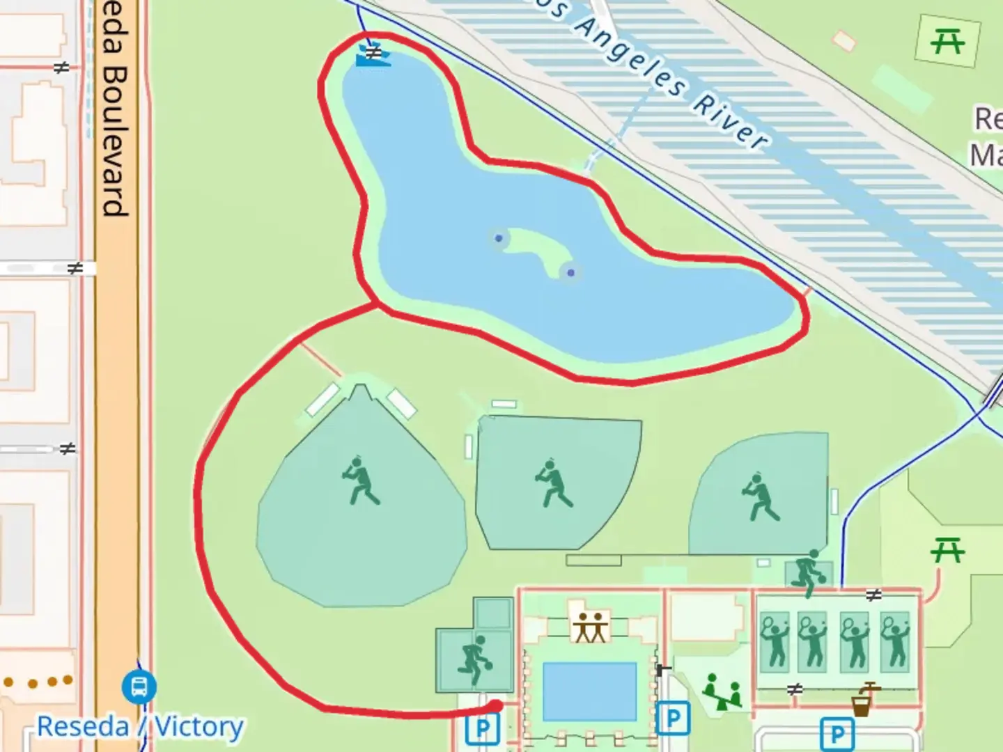 An image depicting the trail Reseda Lake Loop and its surrounding area.