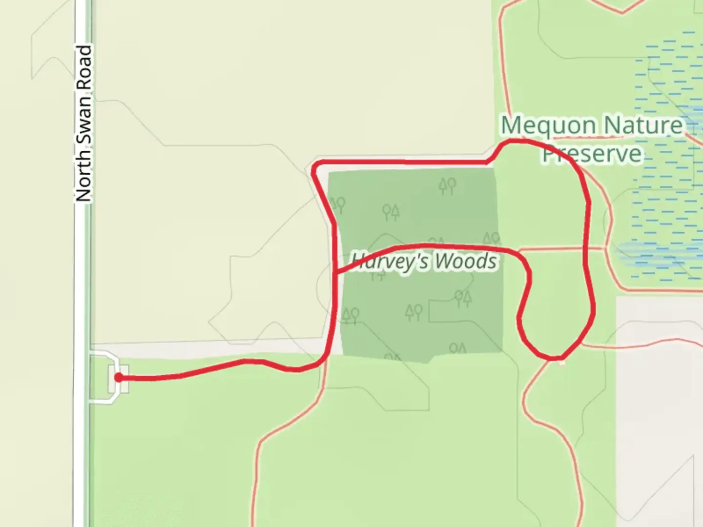 An image depicting the trail Harvey's Woods Loop and its surrounding area.