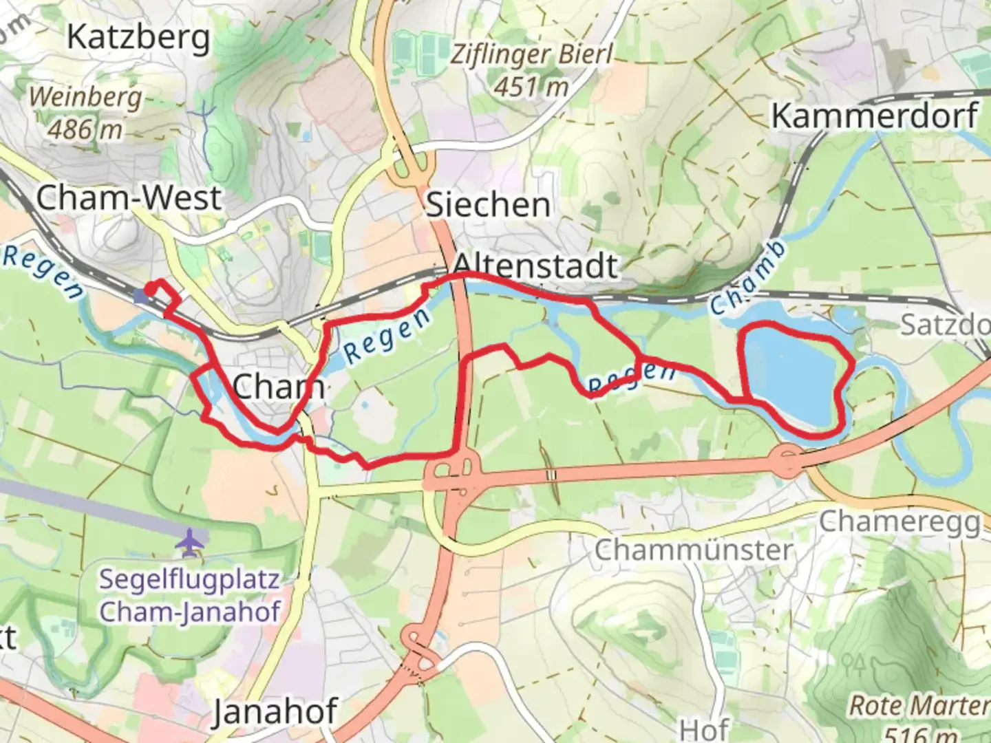 An image depicting the trail Regen and Satzdorfer See Loop and its surrounding area.