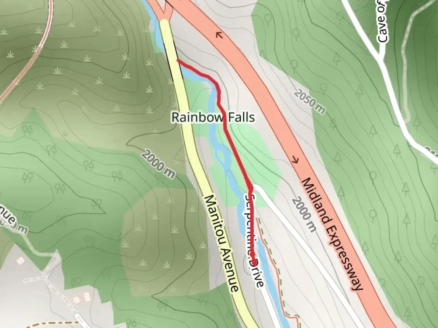 An image depicting the trail Rainbow Falls and its surrounding area.