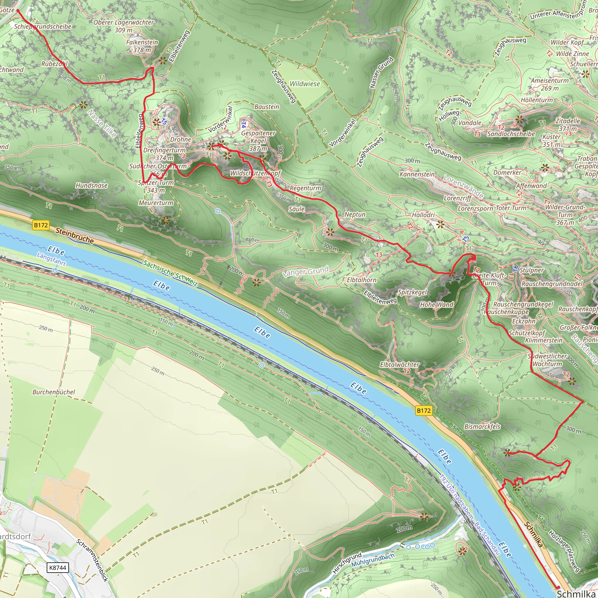 Zahnsgrund to Schmilka via Schrammsteinnaussicht and Kleine Bastei mobile static map
