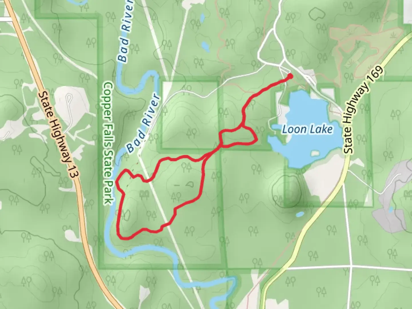 An image depicting the trail Red Granite Falls Loop Trail and its surrounding area.