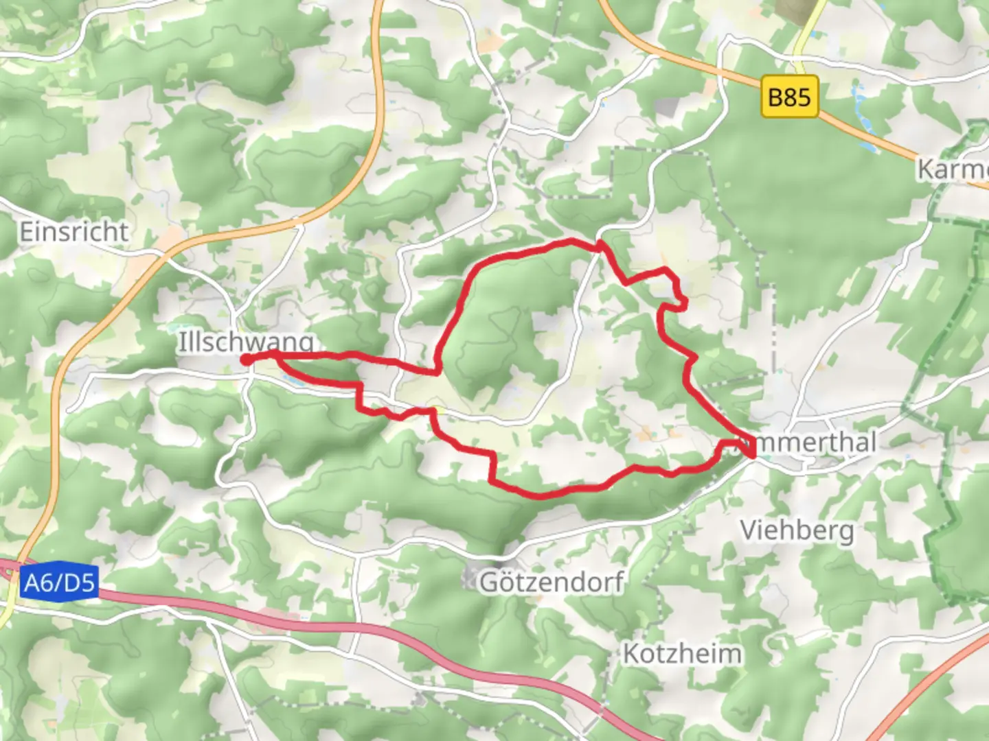 An image depicting the trail Illschwang Wanderweg and its surrounding area.