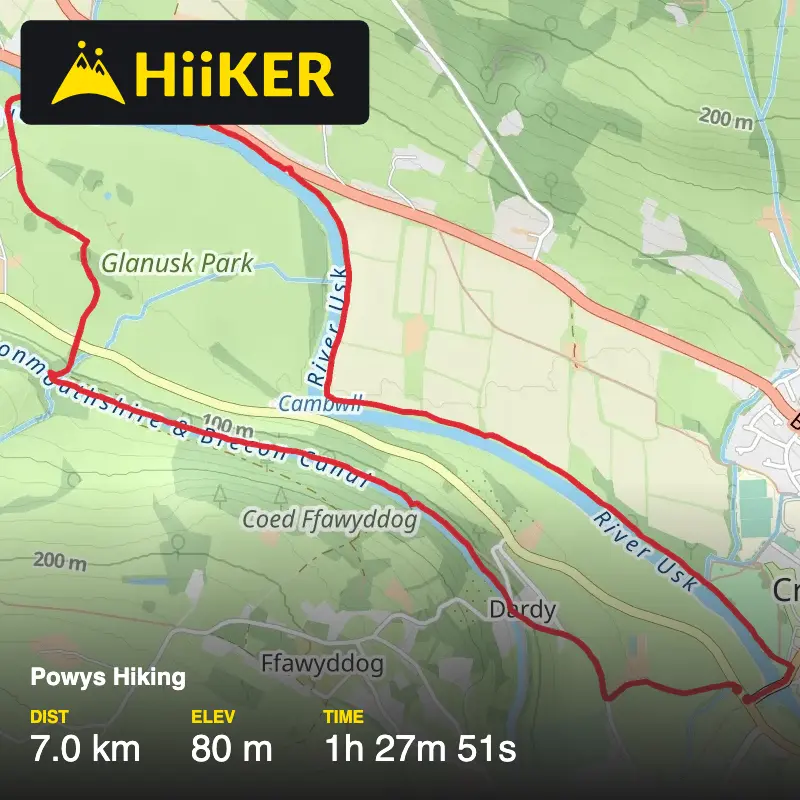 A map preview of the recording Powys Hiking.