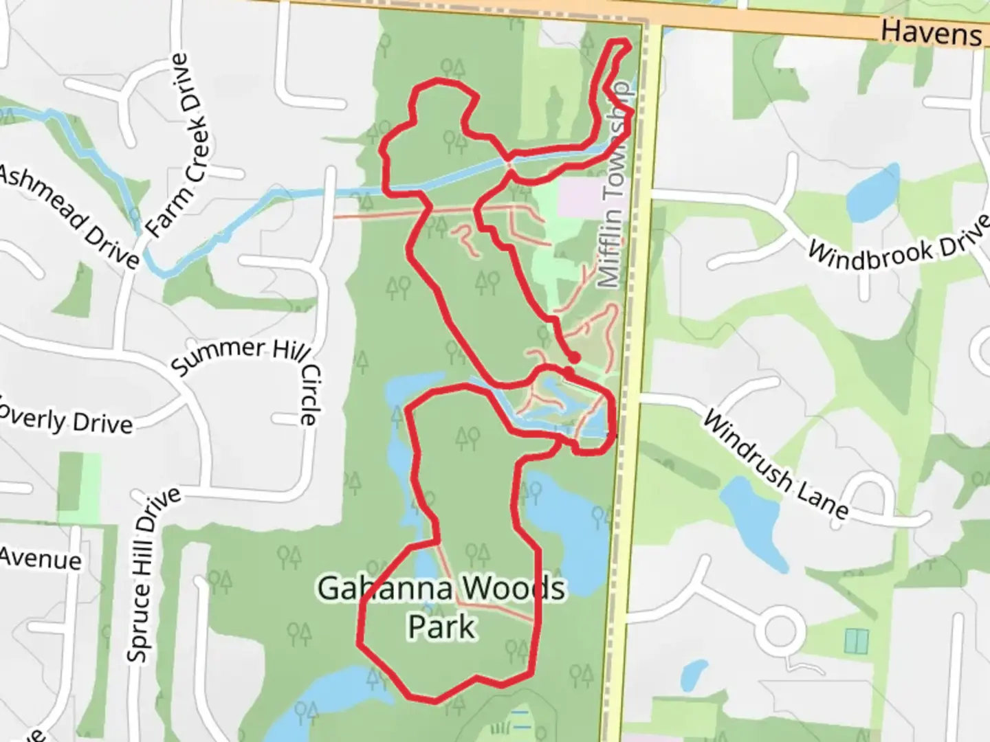 An image depicting the trail Gahanna Woods Park Loop and its surrounding area.