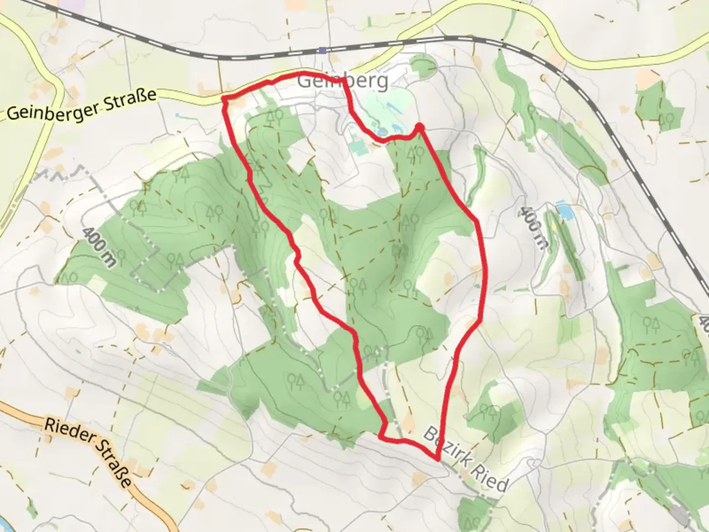 An image depicting the trail Raiffeisen-Runde - Bewegungsarena and its surrounding area.