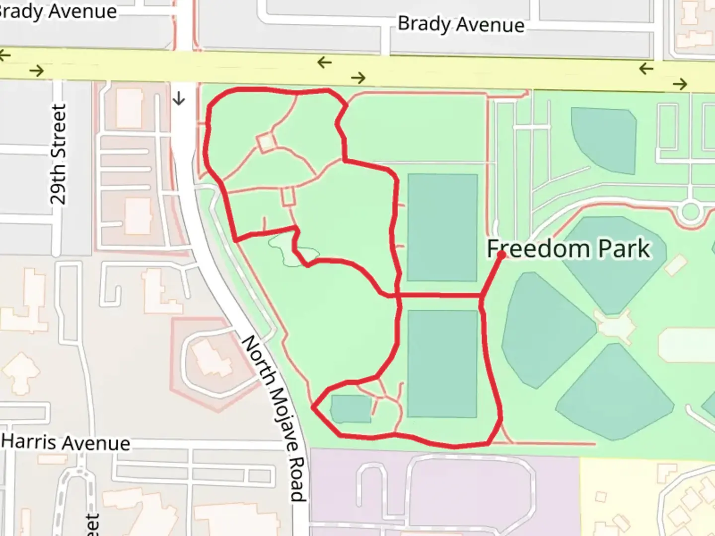 An image depicting the trail Freedom Park Loop and its surrounding area.
