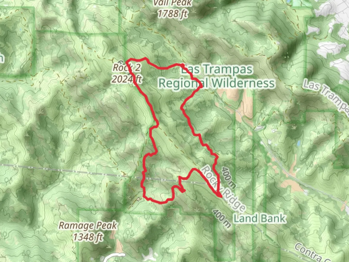 An image depicting the trail Elderberry Trail, Sycamore Trail and Rocky Ridge View Trail and its surrounding area.