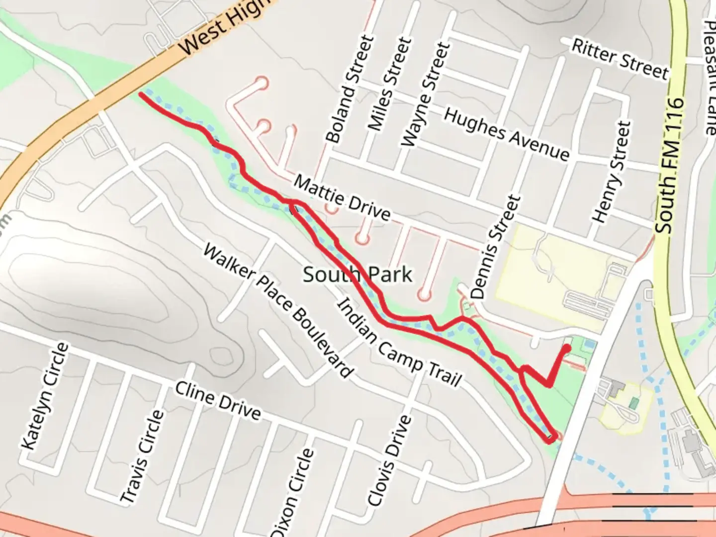 An image depicting the trail Clear Creek Loop from Dennis Street and its surrounding area.