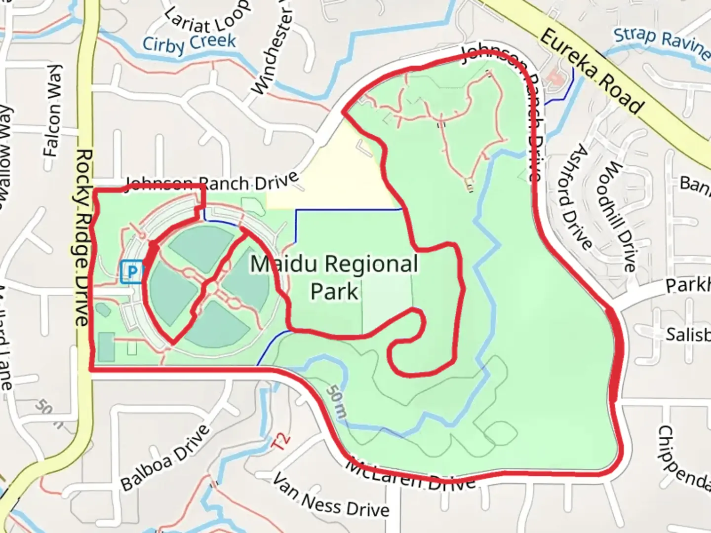 An image depicting the trail Maidu regional Park Loop and its surrounding area.