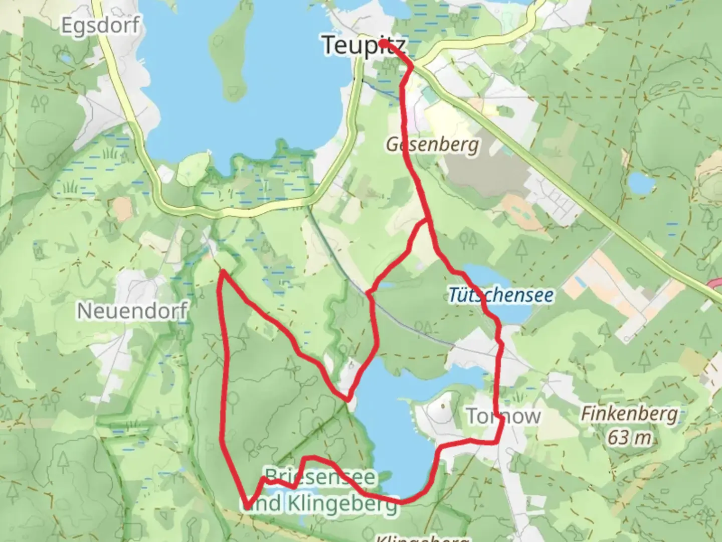 An image depicting the trail Tornower See, Briesensee and Tütschensee via Hohe Muehle and its surrounding area.