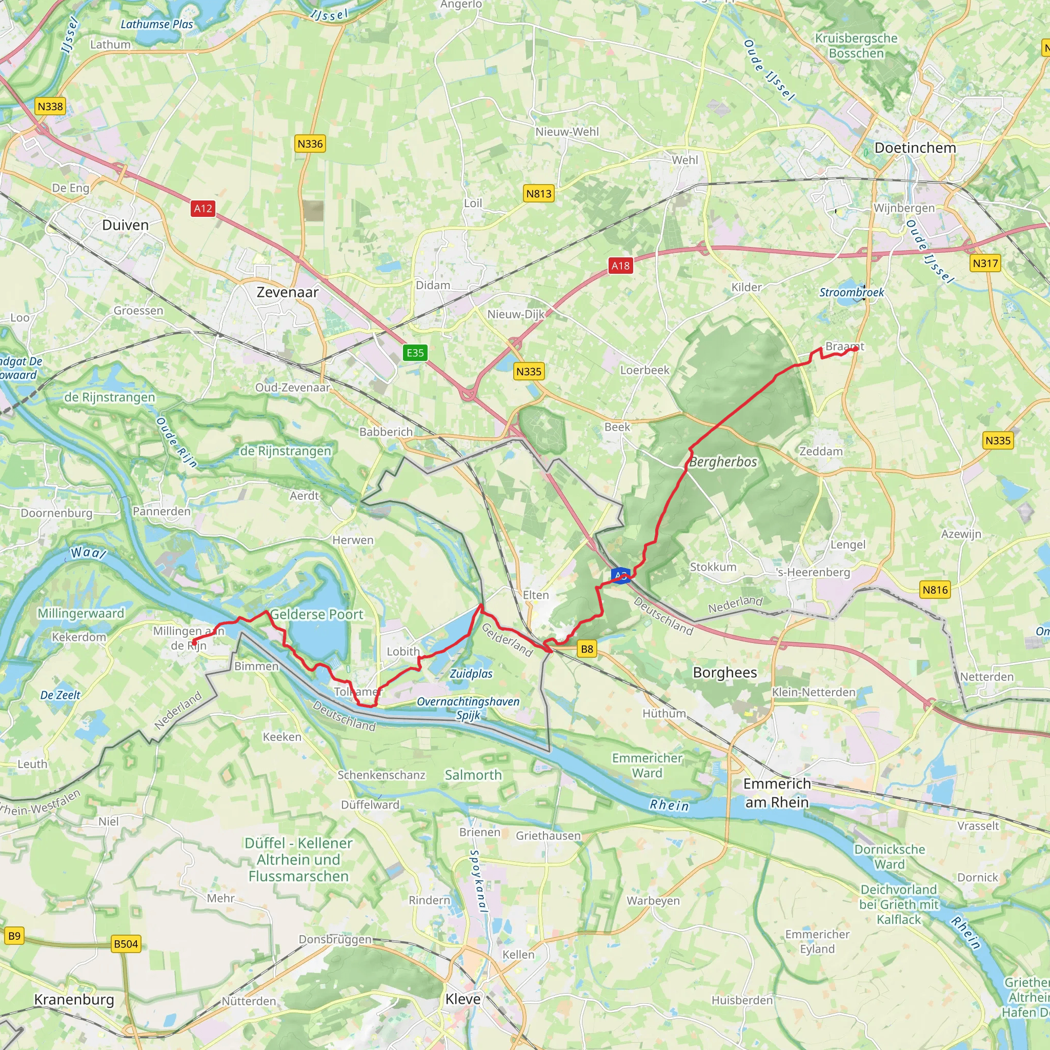 Millingen aan de Rijn to Buiting via De Bijland and De Wild mobile static map