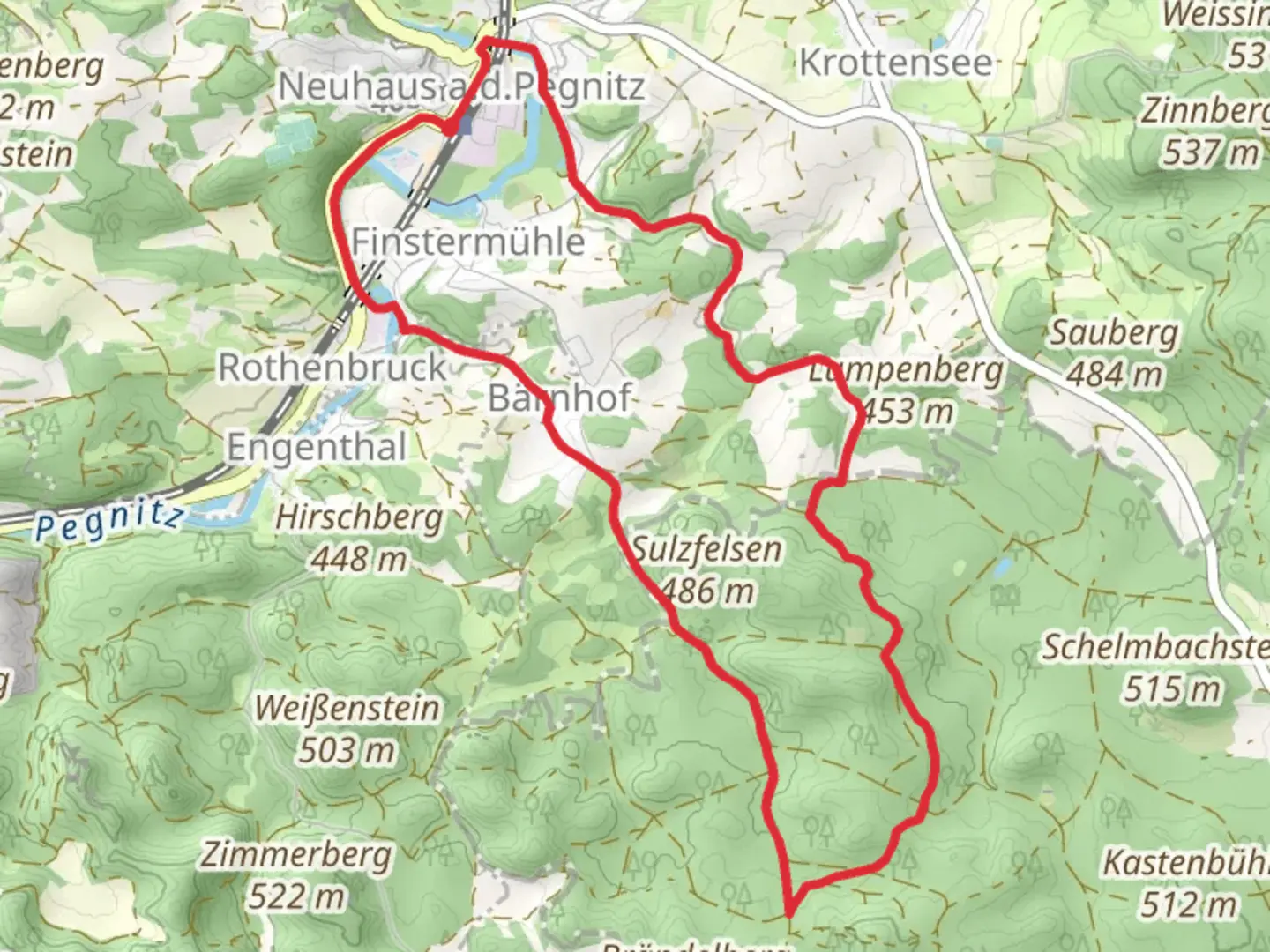 An image depicting the trail Pegnitz Loop via Neuhaus Rundwanderweg and its surrounding area.