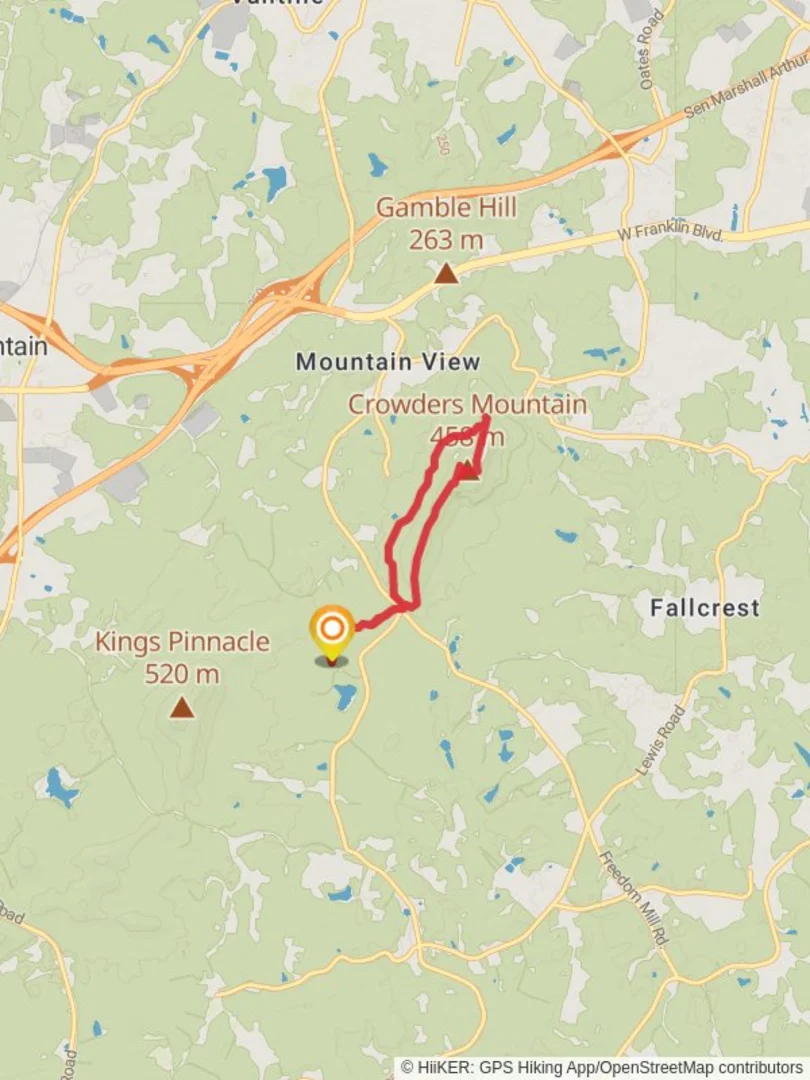 An image depicting the trail Crowders Mountain Loop and its surrounding area.
