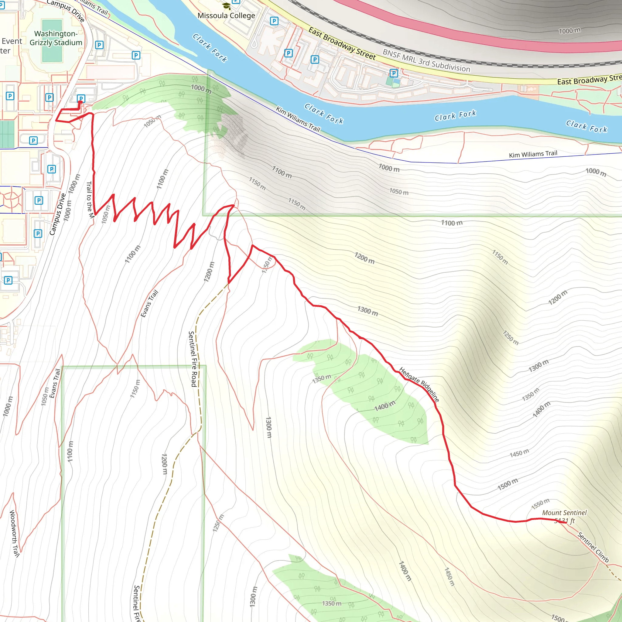 Mount Sentinel and Hellgate Ridgeline via Trail to the M mobile static map