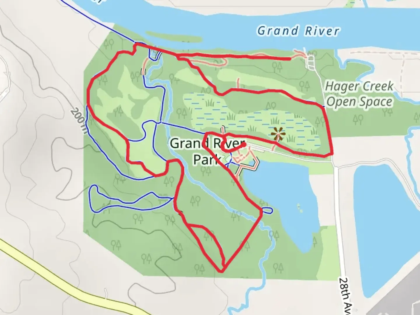 An image depicting the trail Grand River Park Loop and its surrounding area.
