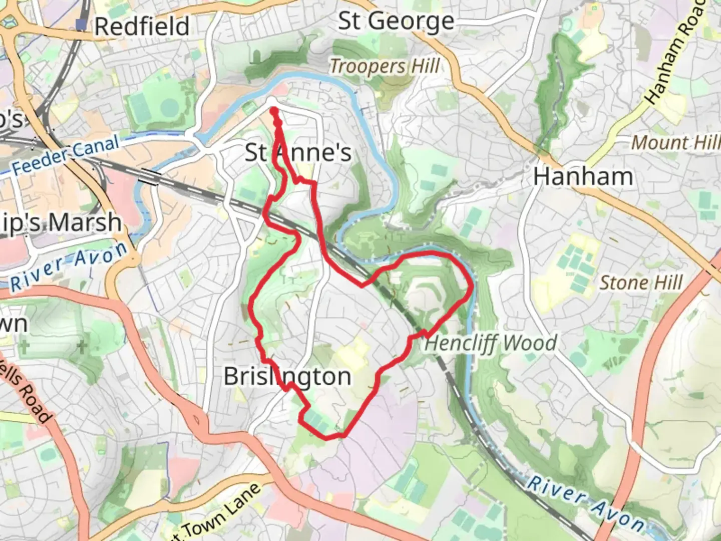 An image depicting the trail Nightingale Valley, Victory Park and Eastwood Farm Loop and its surrounding area.