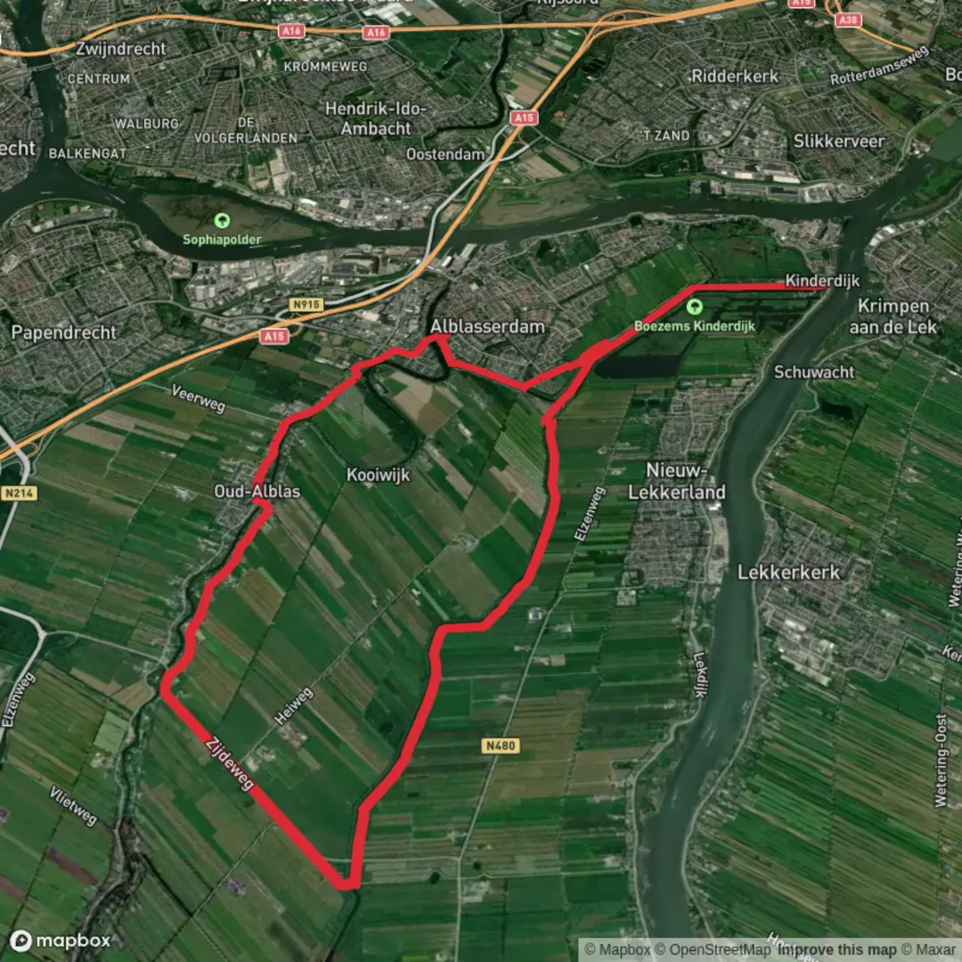 An image depicting the trail Overwaard, Alblasserdam and Achterwaterschap Loop and its surrounding area.