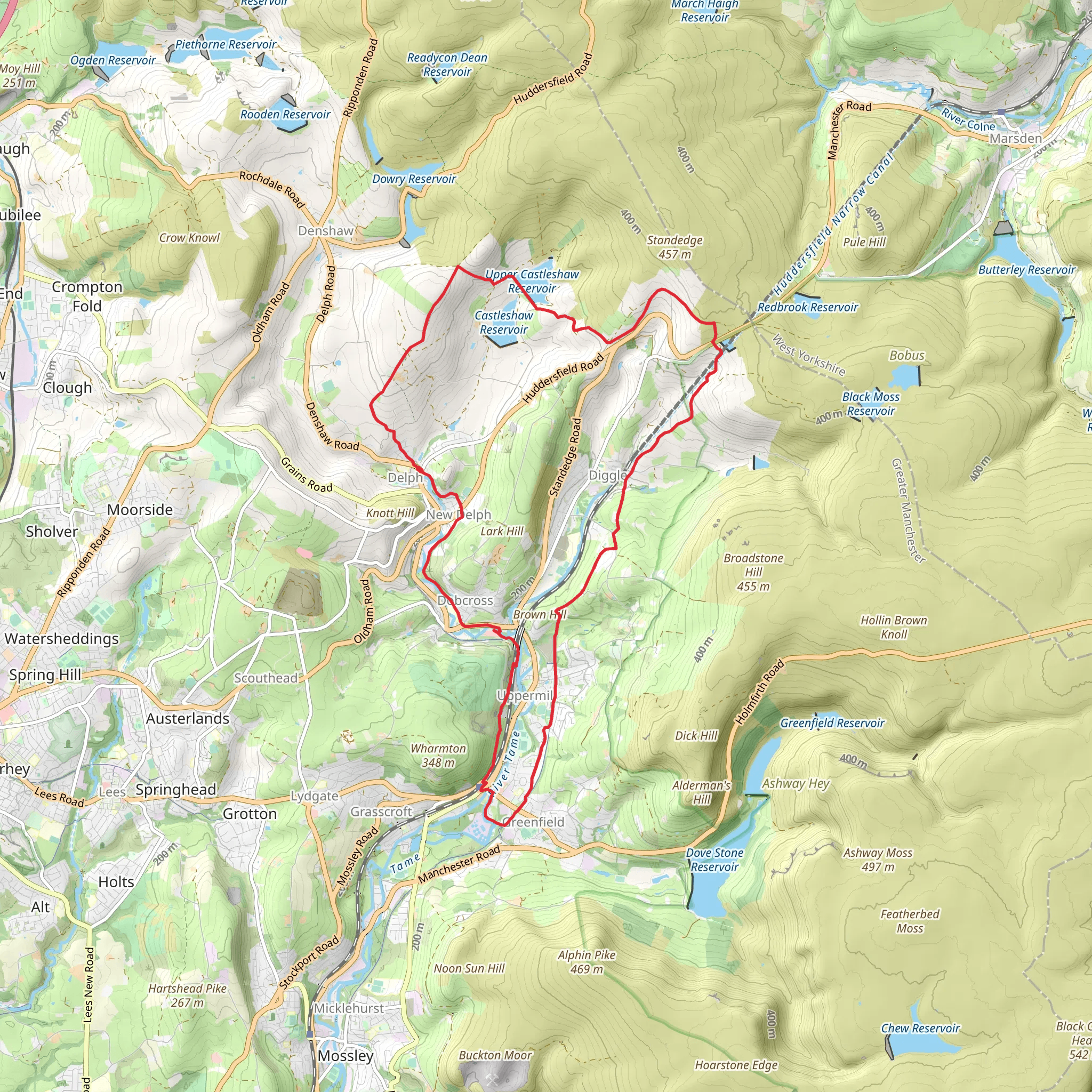 Delph, Castleshaw and Greenfield Loop via Upper Castleshaw Reservoir mobile static map