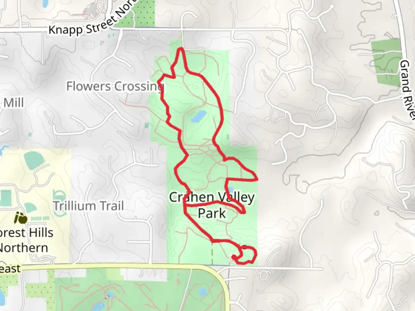 An image depicting the trail Crahen Valley Park Loop and its surrounding area.
