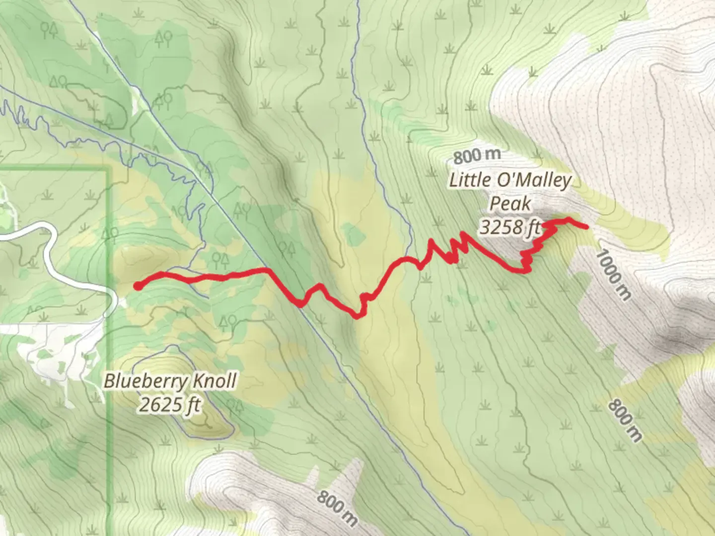 An image depicting the trail Powerline Pass Trail and Little O'Malley Peak Trail and its surrounding area.