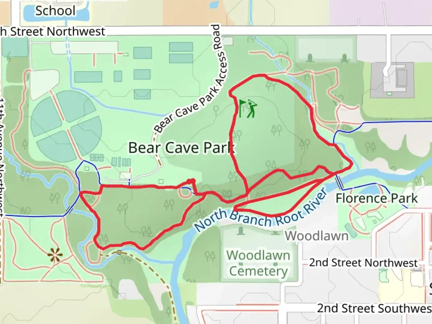 An image depicting the trail Bear Cave Park and North Branch Root River Loop and its surrounding area.