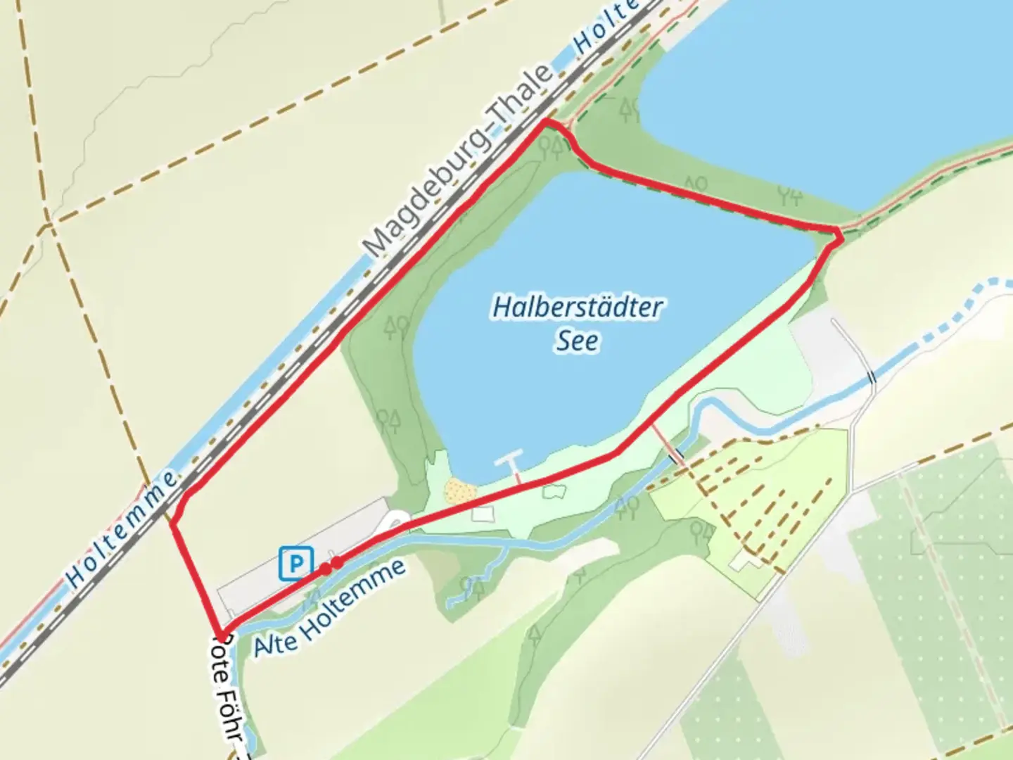 An image depicting the trail Halberstädter See Loop and its surrounding area.